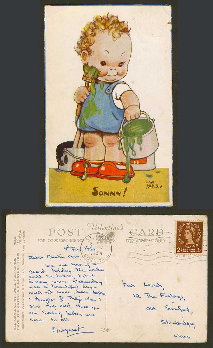 Mabel Lucie Attwell 1954 Old Postcard Sonny! Painter Green and Black Paints 1540