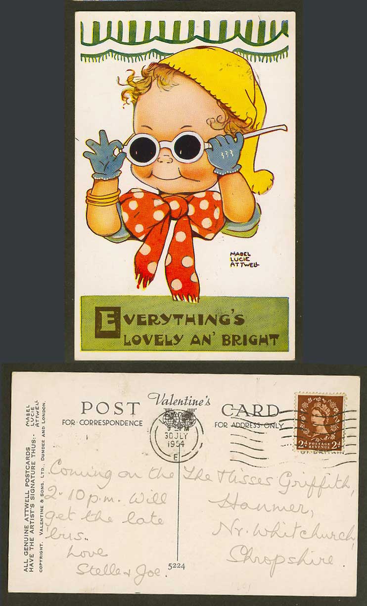 MABEL LUCIE ATTWELL 1954 Old Postcard Everythings Lovely an Bright Sunglass 5224