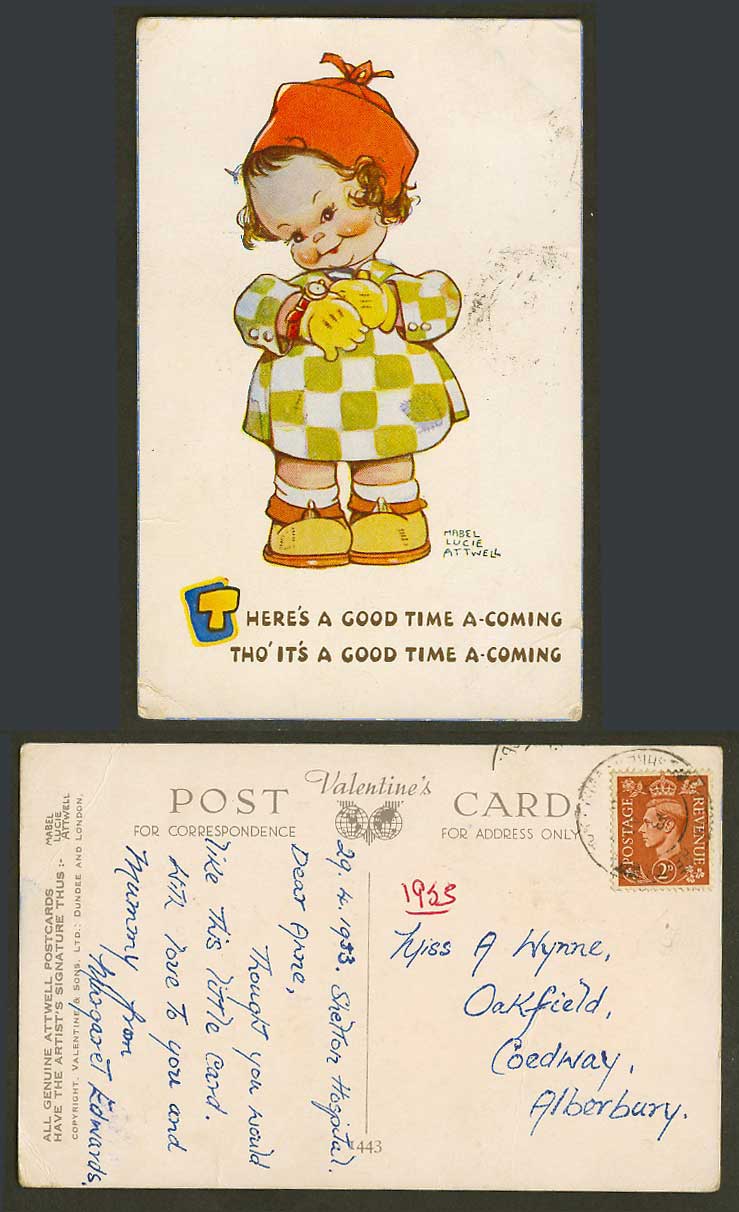 MABEL LUCIE ATTWELL 1953 Old Postcard There's a Good Time a-Coming Tho It's 1443
