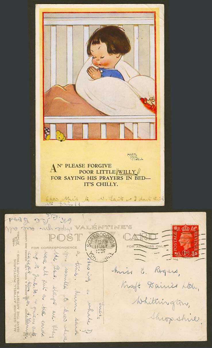 MABEL LUCIE ATTWELL 1939 Old Postcard Poor Willy Saying His Prayers In Bed 3863