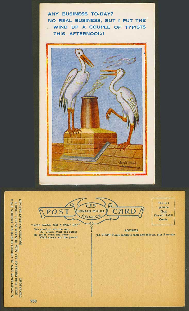 Donald McGill Old Postcard Stork Birds, No Real Business but Put The wind Up 950