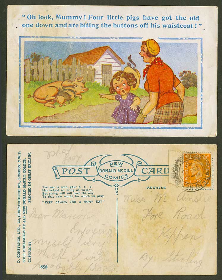 Donald McGill 1947 Old Postcard PIG PIGS Piglet Biting buttons off waistcoat 858