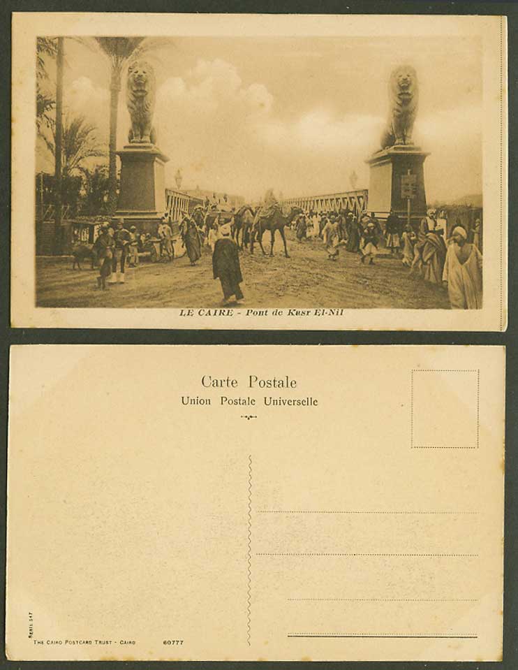 Egypt Old Postcard Cairo Kasr-el-Nil Bridge Camel Rider Le Caire Lion Statue 547