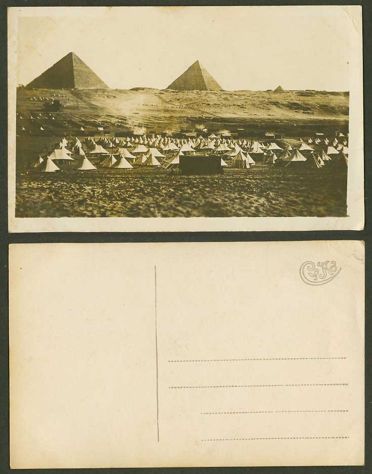 Egypt Old Real Photo Postcard Cairo Giza Pyramids, Military Camp Tents, Panorama