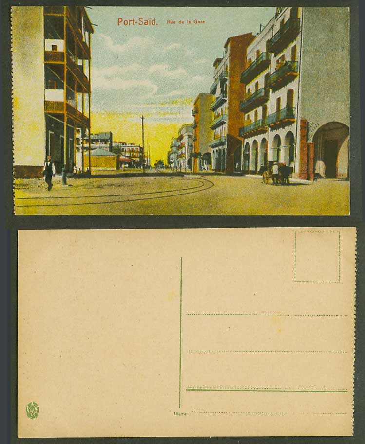 Egypt Old Color Postcard Port Said Station Street Scene Tramlines Rue de la Gare
