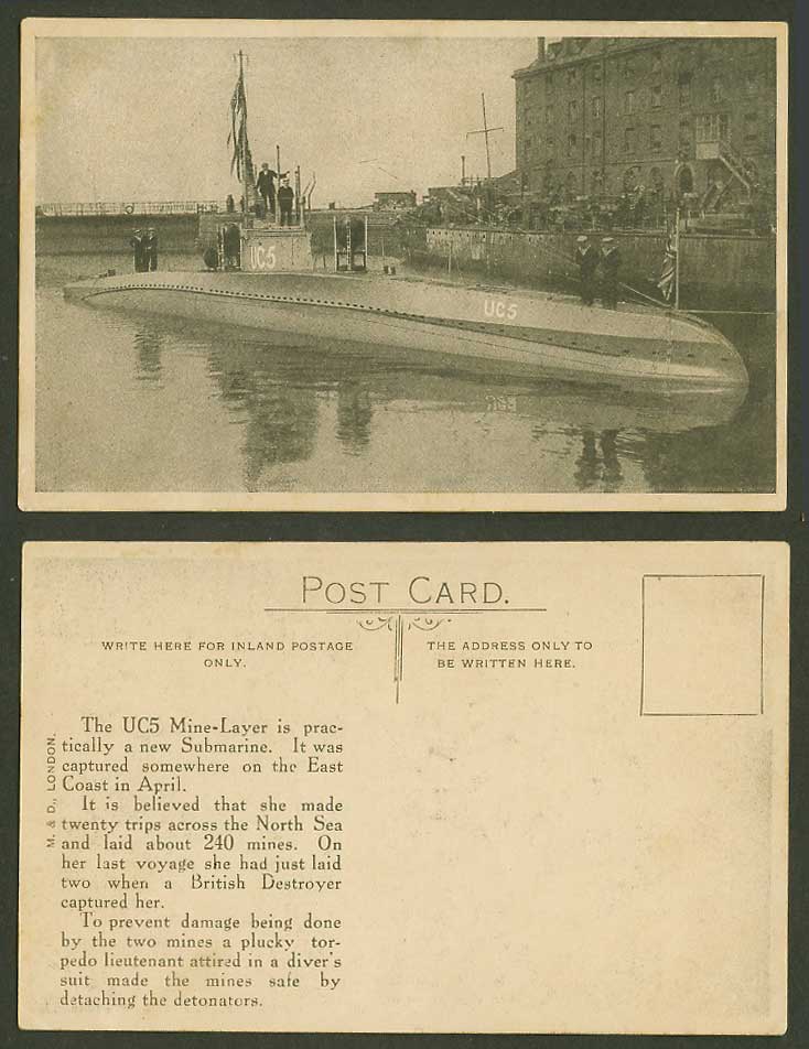 German UC5 Mine-Laying Submarine Captured Apr 1916 Old Postcard Marine Navy Flag
