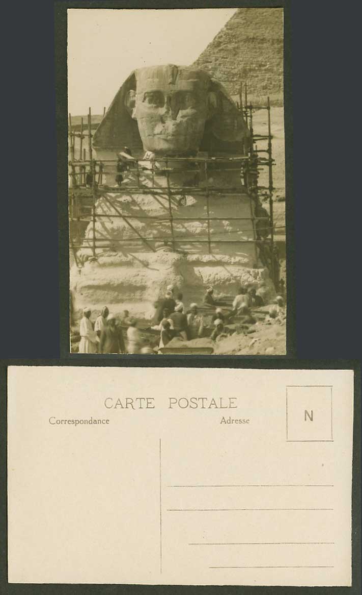 Egypt Old Real Photo Postcard Cairo Sphinx with Scaffoldings Native Arab Workers