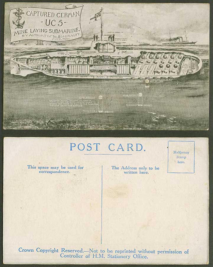 WW1 Captured German UC5 Mine Laying Submarine, Admiralty, 1916 Old Postcard Flag