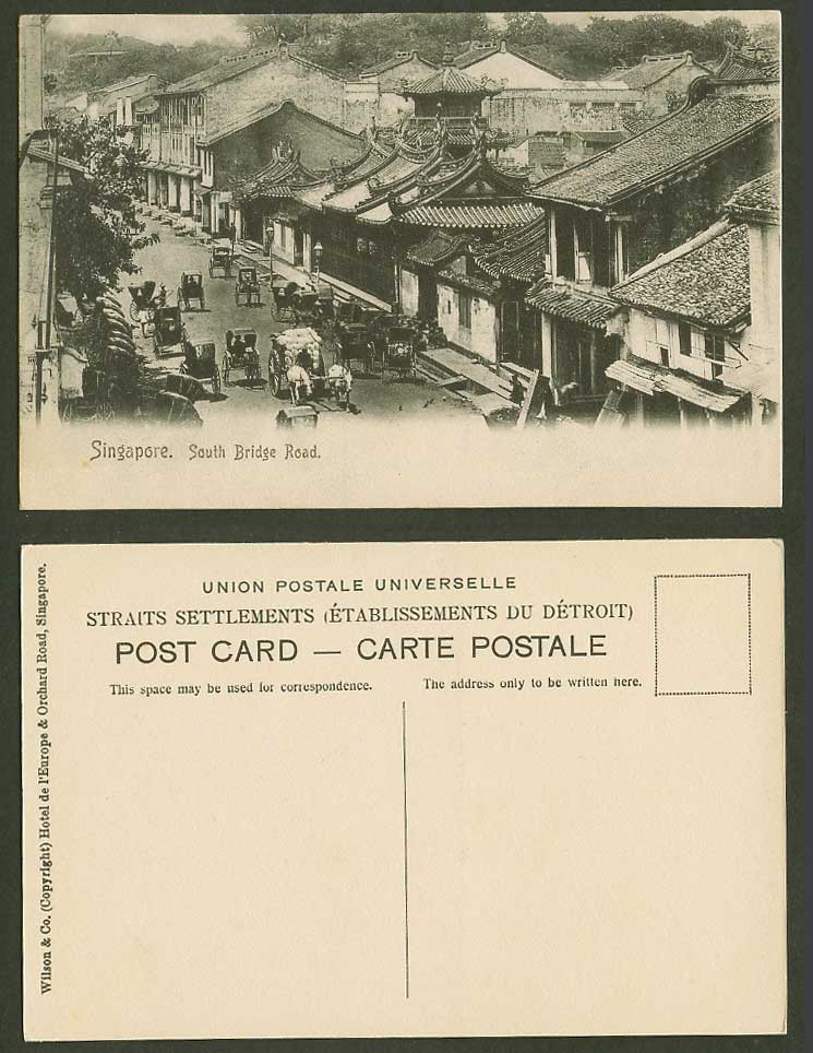 Singapore Old Postcard South Bridge Road, Temple Pagoda, Rickshaws, Bullock Cart