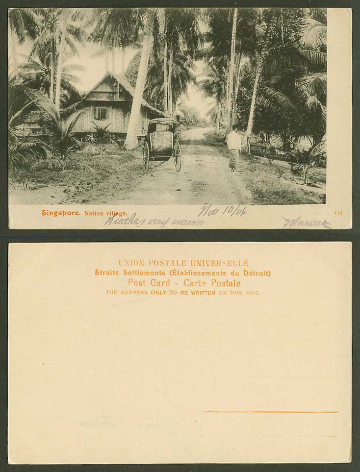 Singapore 1906 Old Postcard Native Village Rickshaw Malay House & Man Palm Trees