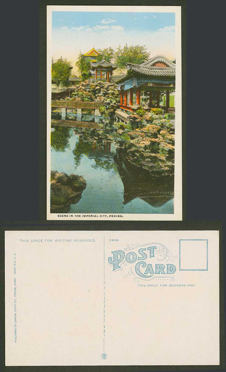 China Old Color Postcard Scene in Imperial City Peking Garden Bridge Gazebo Lake