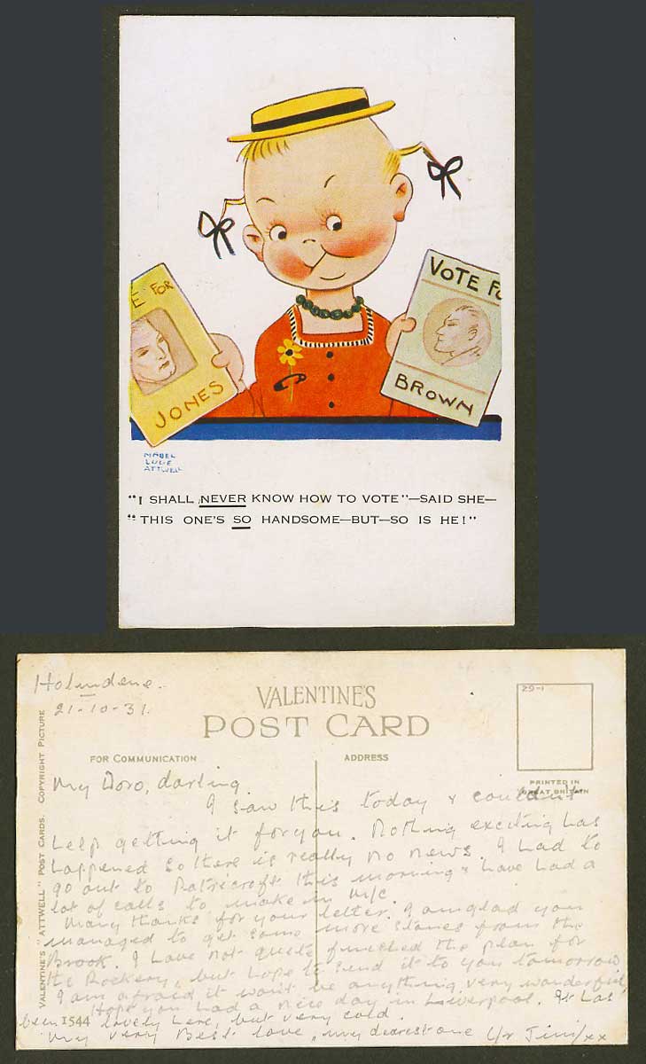 Suffragist Suffragette MABEL LUCIE ATTWELL 1931 Old Postcard Vote For Brown 1544