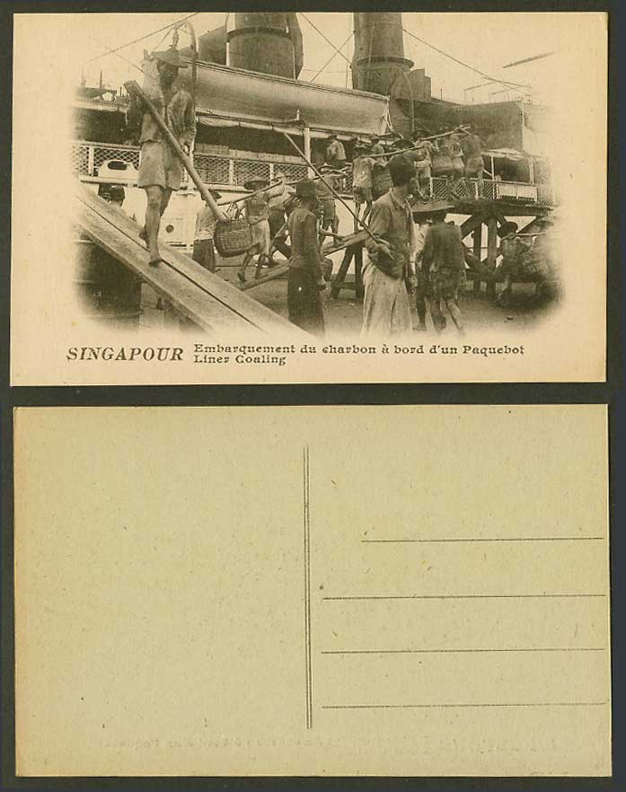 Singapore Old Postcard Liner Coaling, Embarquement Charbon un Paquebot Singapour