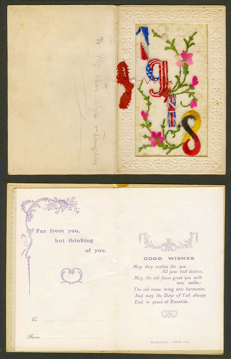 WW1 SILK Embroidered 1918 Old Greeting Card Flowers Far From You But Thinking of