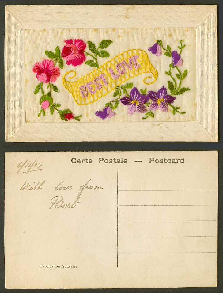 WW1 SILK Embroidered French 1917 Old Postcard Best Love Flowers Novelty Greeting