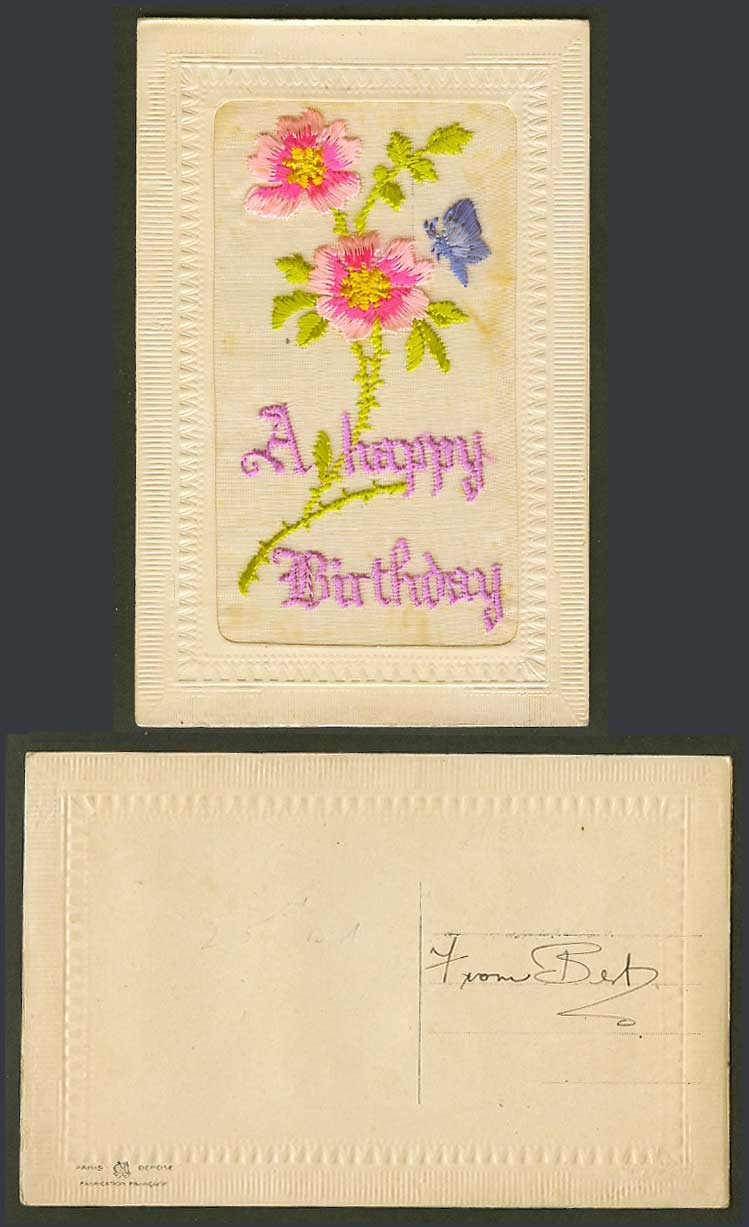 WW1 SILK Embroidered Old Postcard A Happy Birthday, Butterfly Flowers, Greetings