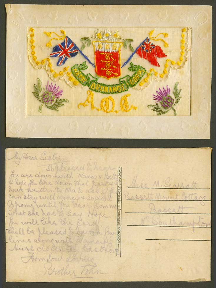 WW1 SILK Embroidered Old Postcard A.O.C. Army Ordnance Corps. Thistle Flags Arms