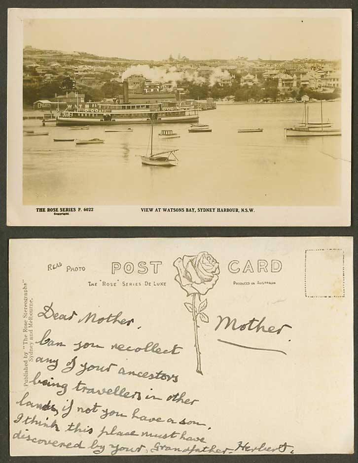 Australia Old Real Photo Postcard Watson's Bay Sydney Harbour Steamer Steam Ship