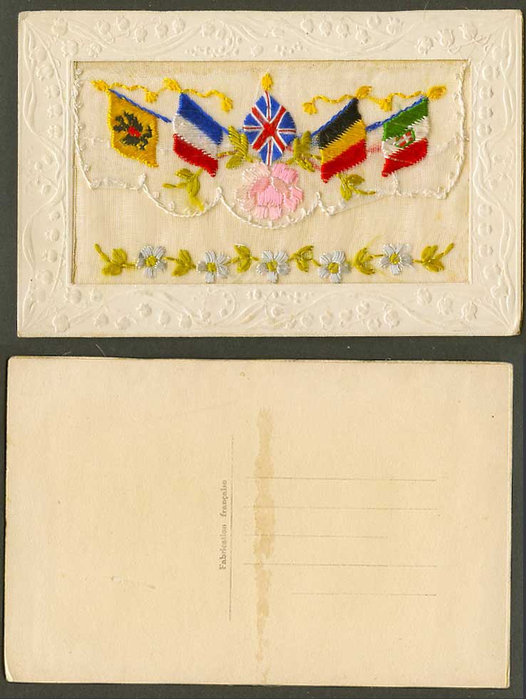 WW1 SILK Embroidered French Old Postcard Flag Flags Flowers Empty Wallet Novelty