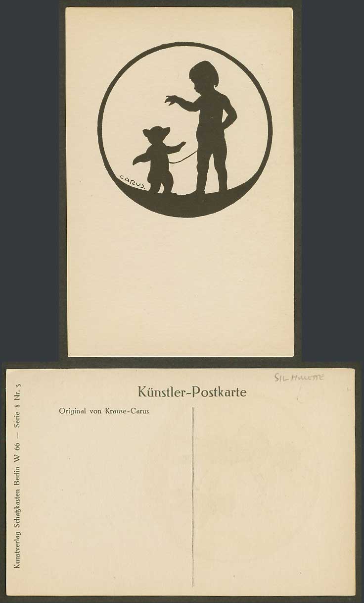 Krause Carus Artist Signed Silhouette Old Postcard Little Baby Girl & Teddy Bear