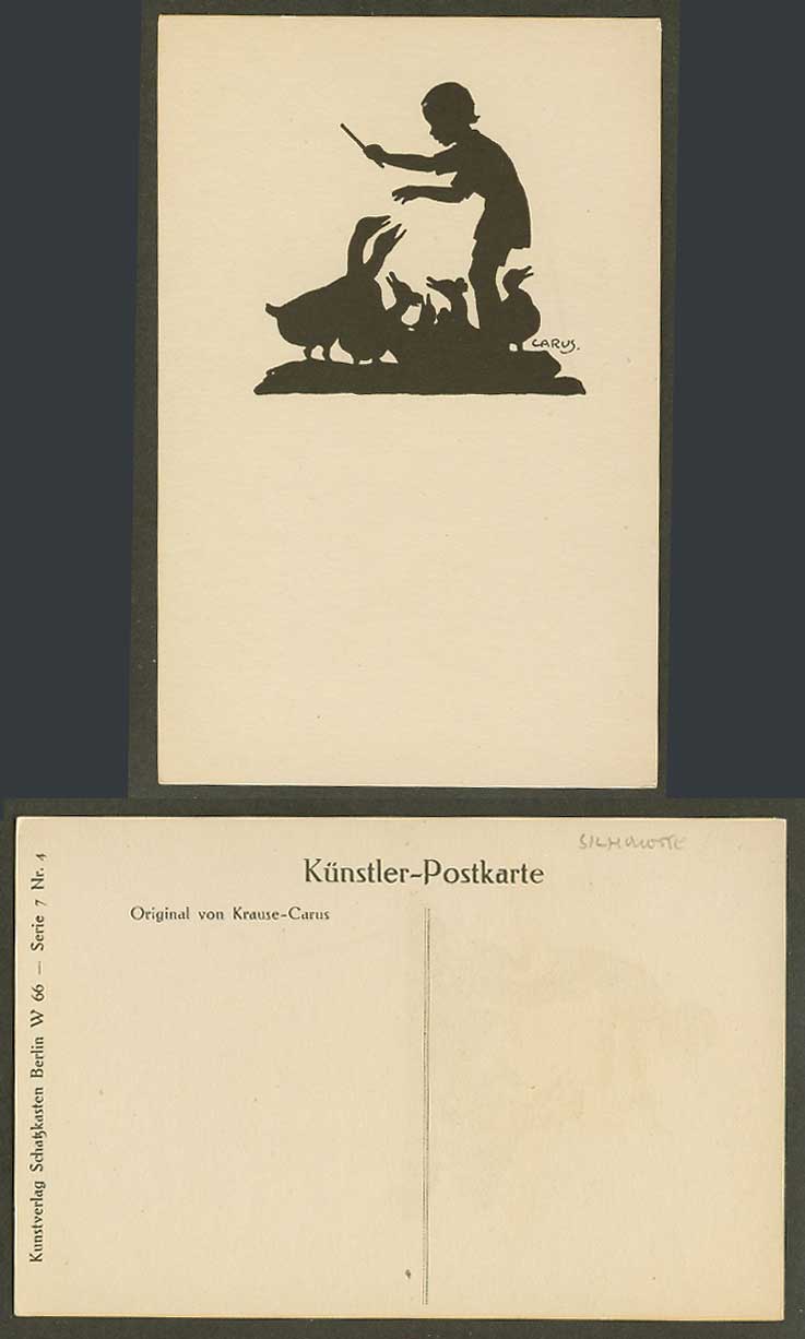 Krause Carus Artist Signed, Silhouette Old Postcard Birds Geese Ducks, Conductor