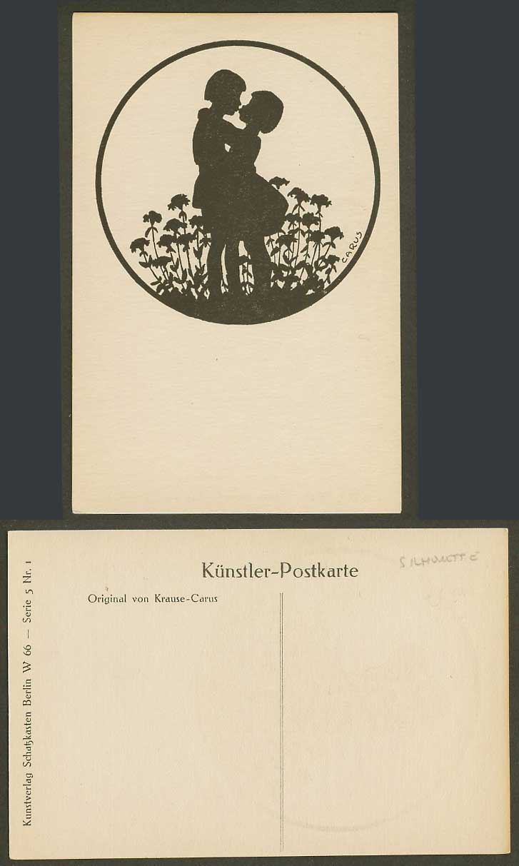 Krause Carus Artist Signed Silhouette Old Postcard Boy and Girl Kissing, Flowers