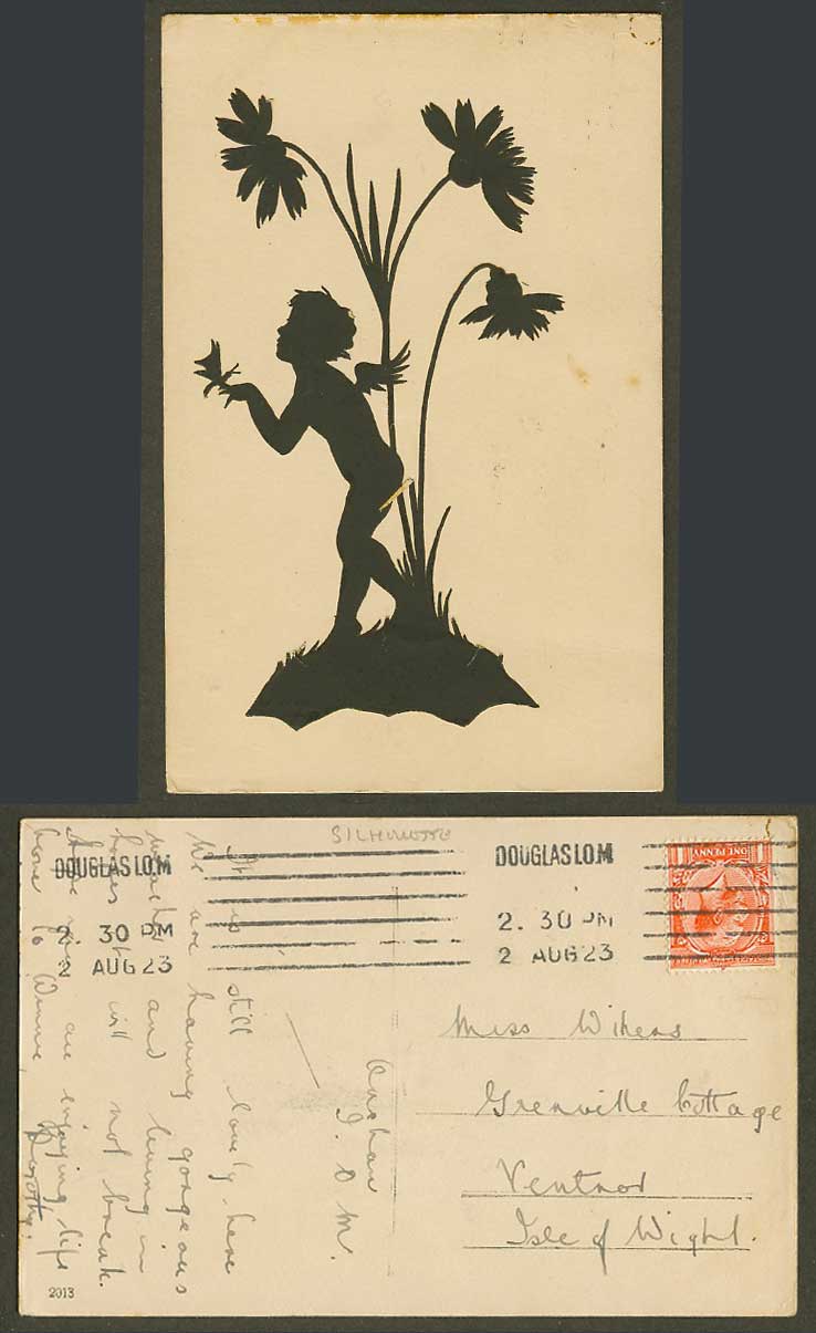 Silhouette Angel Boy Flowers Bird or Butterfly Novelty Cut-Out 1923 Old Postcard