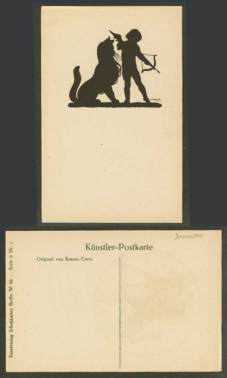 Krause Carus Artist Signed Silhouette Old Postcard Dog Cupid Bow & Arrow Archery