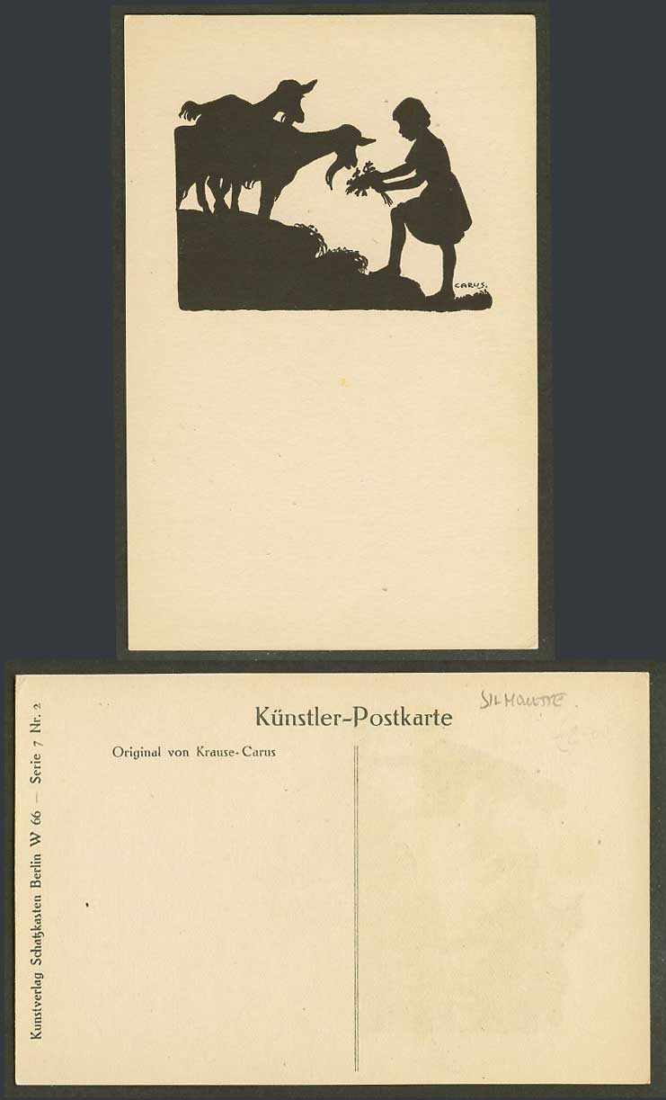 Krause Carus Artist Signed Silhouette Old Postcard Girl Feeding Goat Goats Sheep