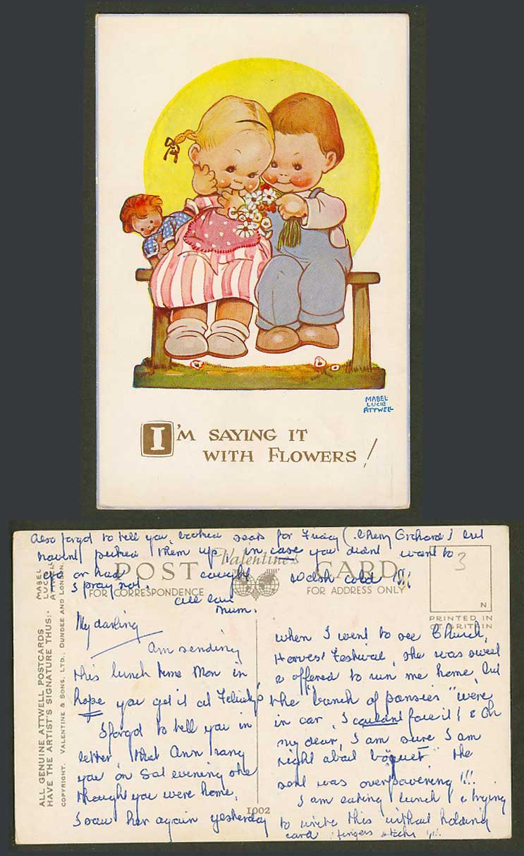 MABEL LUCIE ATTWELL Old Postcard I'm Saying it with Flowers! Boy Girl Doll 1002