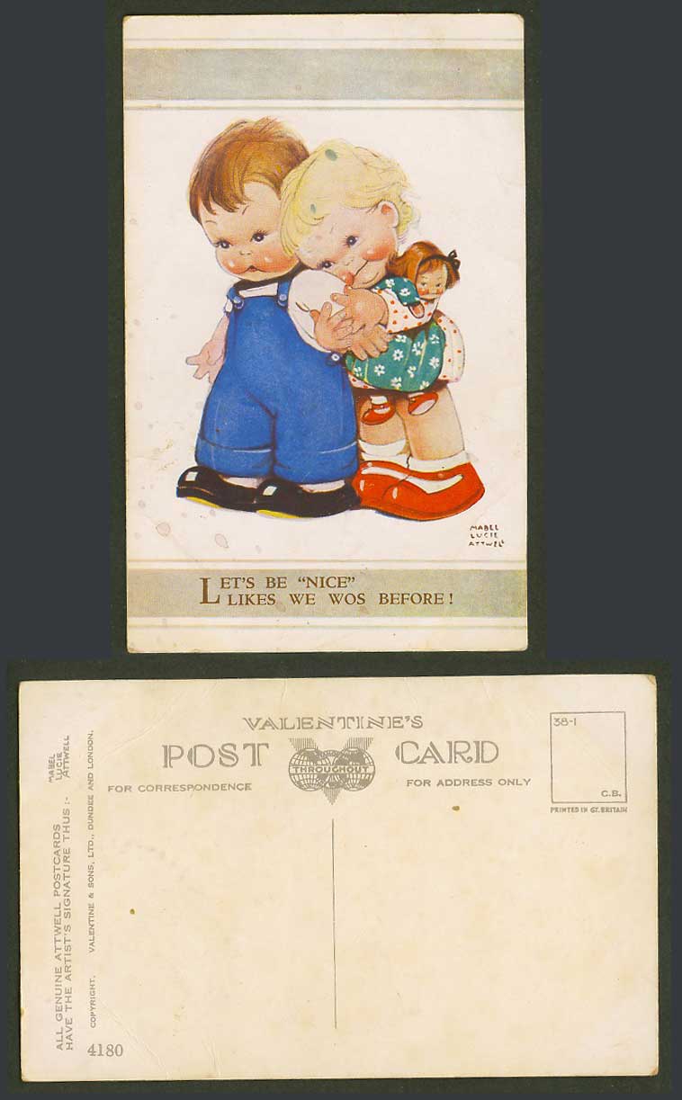 MABEL LUCIE ATTWELL Old Postcard Let's Be Nice Likes We Wos Before! A Doll 4180