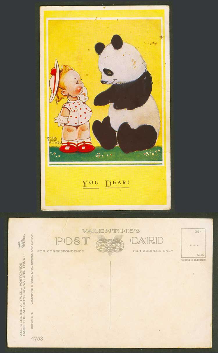 MABEL LUCIE ATTWELL Old Postcard China Chinese Giant Panda & Girl You Dear! 4753