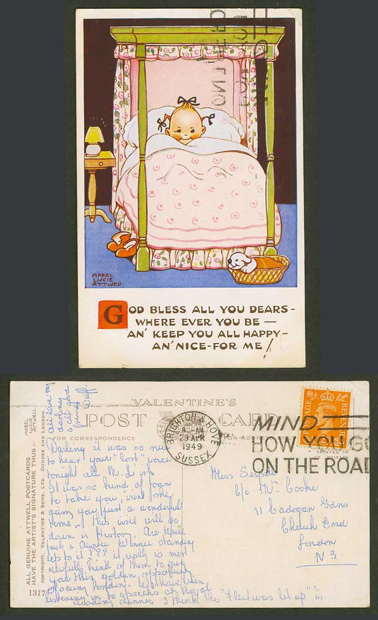 MABEL LUCIE ATTWELL 1949 Old Postcard God Bless All Dears Happy Nice For Me 1317
