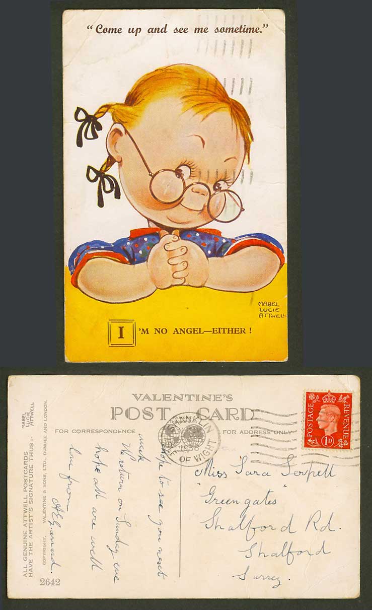 MABEL LUCIE ATTWELL 1938 Old Postcard Im No Angel Either Glasses Spectacles 2642