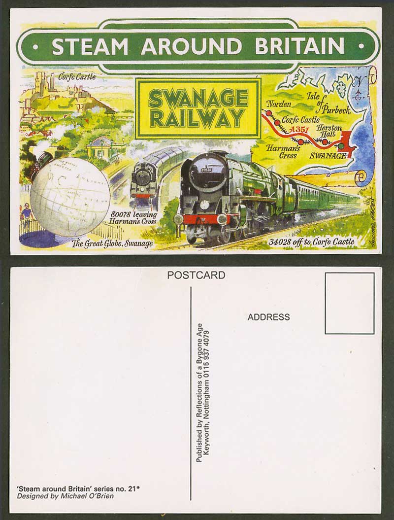 Locomotive Train Steam Around Britain, Swanage Railway, MAP Great Globe Postcard