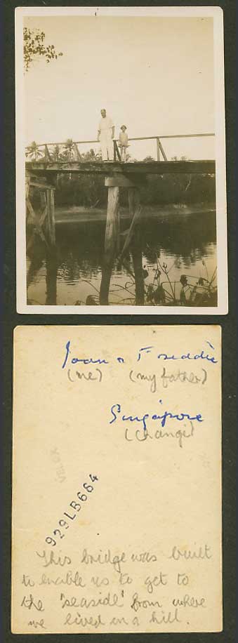 Singapore Old Real Photo Joan and Father, Changi, Bridge Built to Get to Seaside