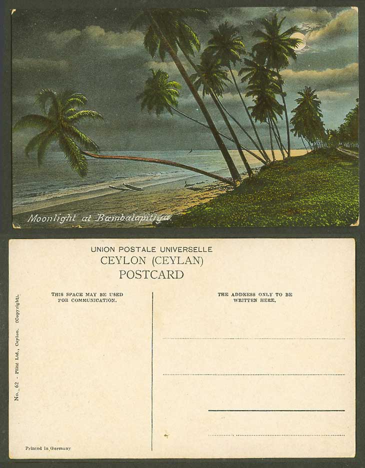 Ceylon Old Colour Postcard Moonlight at Bambalapitiya, Beach Palm Trees by Night