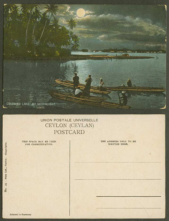 Ceylon Old Colour Postcard Colombo Lake by Moonlight Moon Night Boats Palm Trees