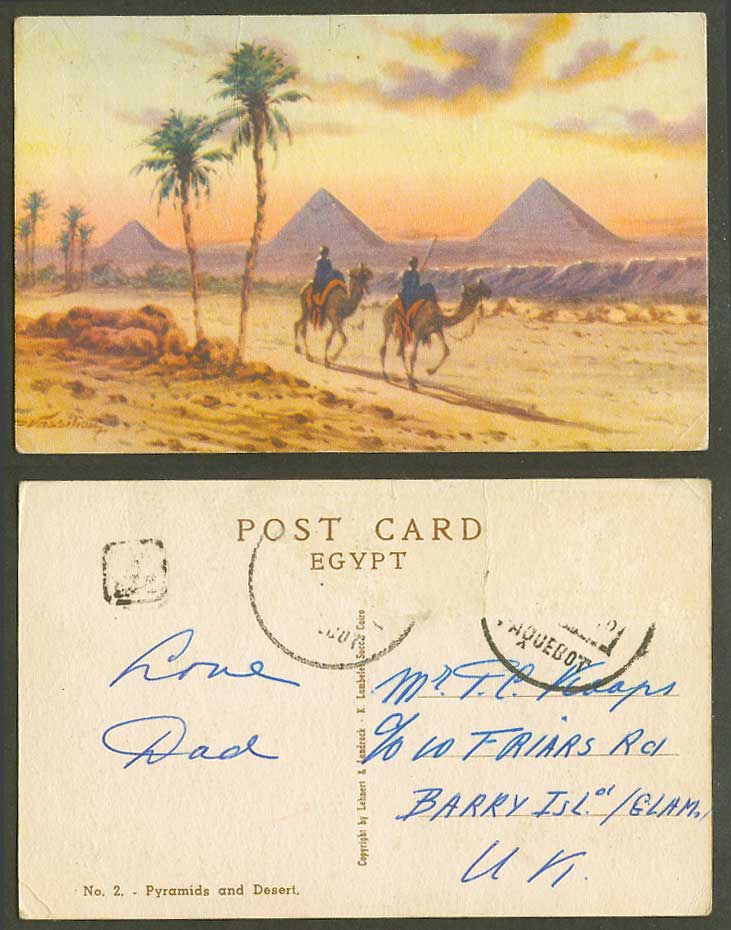 Egypt D. Vassiliou Signed PAQUEBOT Old Postcard Pyramids and Desert Camel Riders