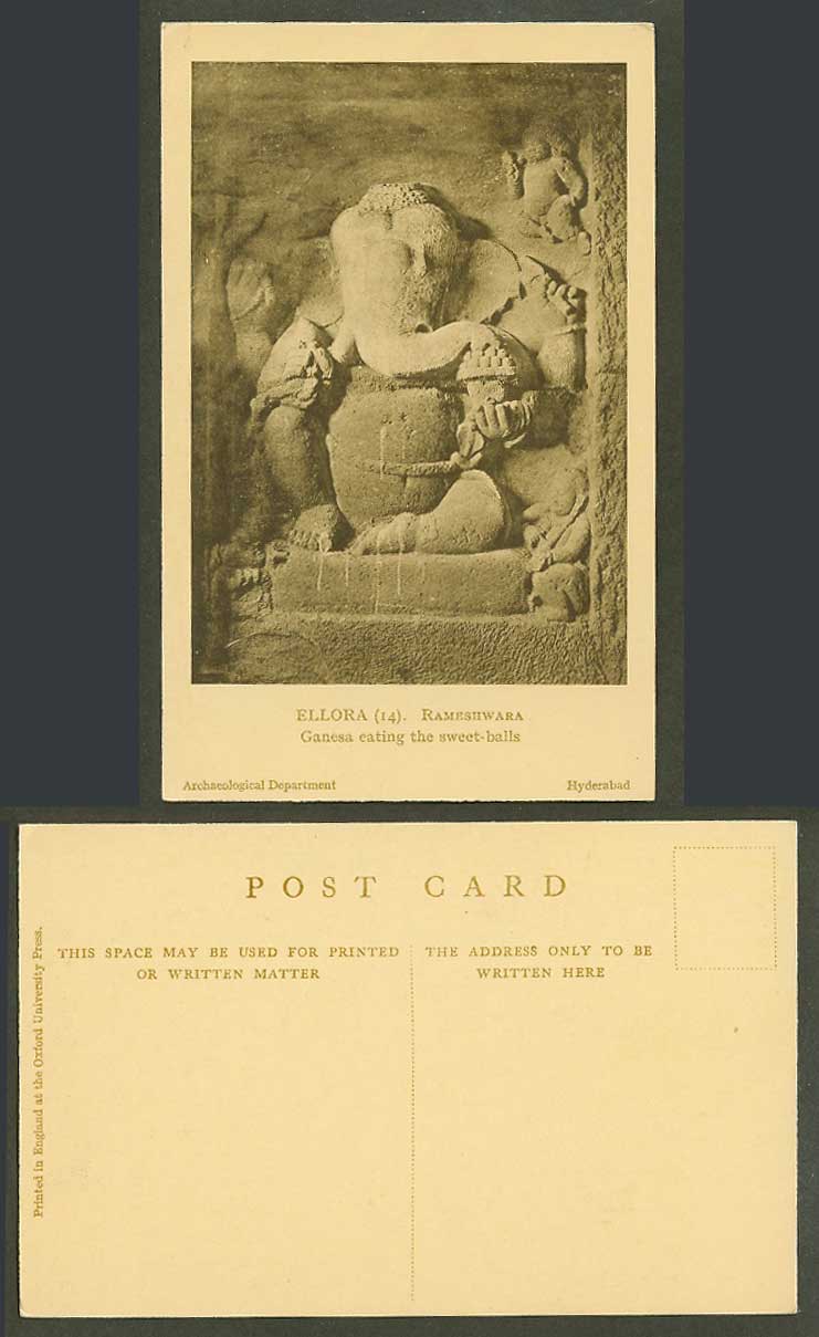 India Old Postcard Ellora Rameshwara, Ganesa eating the Sweet-Balls Elephant God