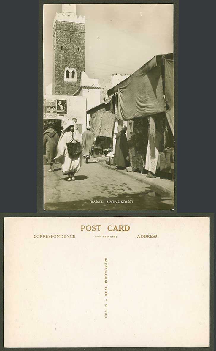 Morocco Old Real Photo Postcard Rabat Native Street Scene Tower Shops Tower Ads.