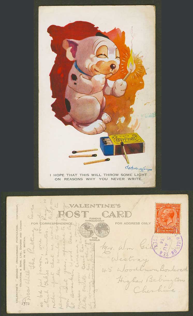 BONZO DOG GE Studdy 1934 Old Postcard Throw Some Light, Why You Never Write 1372