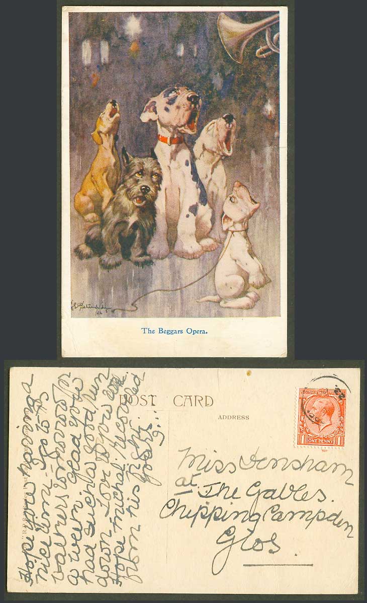 BONZO DOG GE Studdy Old Postcard Beggars Opera Dogs Puppies Trumpet Dogs No.1003