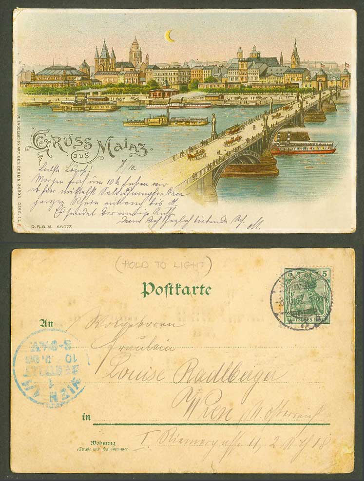 Hold to The Light Gruss aus Mainz, Bridge Paddle Steamer Ships 1902 Old Postcard