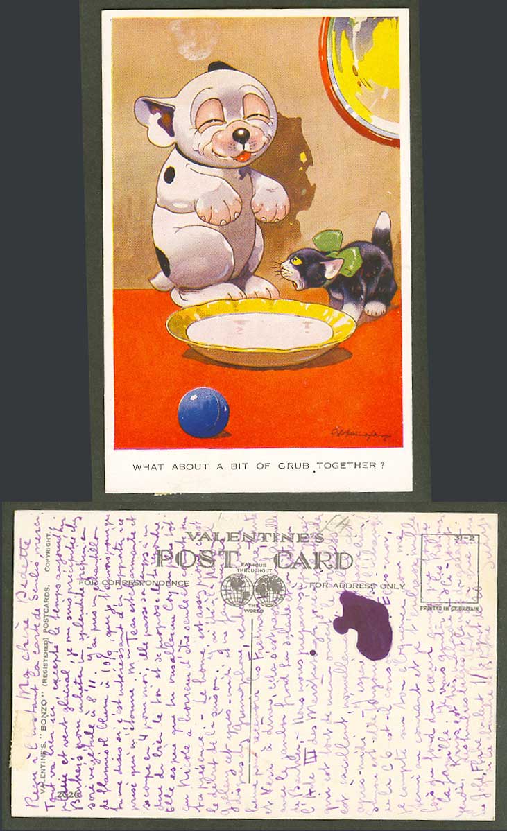 BONZO DOG GE Studdy Old Postcard Cat What About a Bit of Grub Together Ball 2026