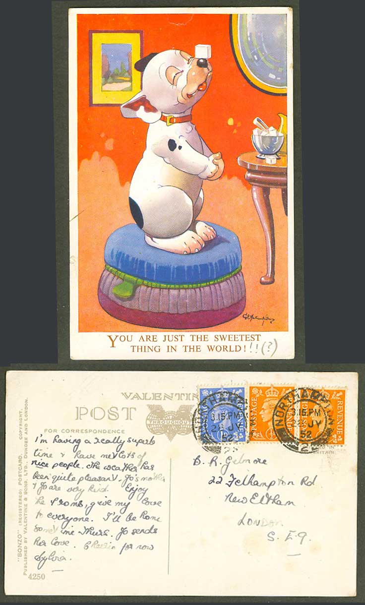 BONZO DOG GE Studdy 1952 Old Postcard UR Sweetest Thing in World Sugar Cube 4250