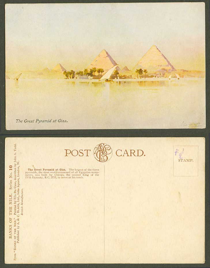 Egypt Ella Du Cane Old Postcard Cairo Great Pyramid at Giza, Banks of Nile Boats