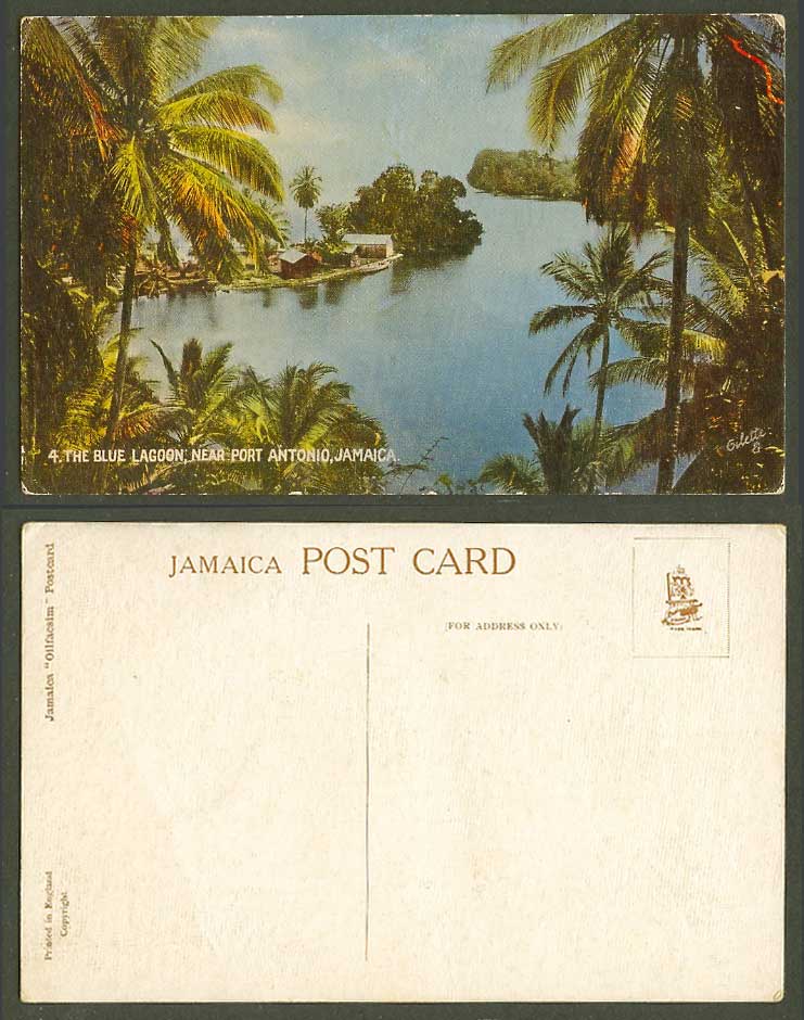 Jamaica Old Colour Postcard Blue Lagoon near Port Antonio, Palm Trees, Oilfacsim