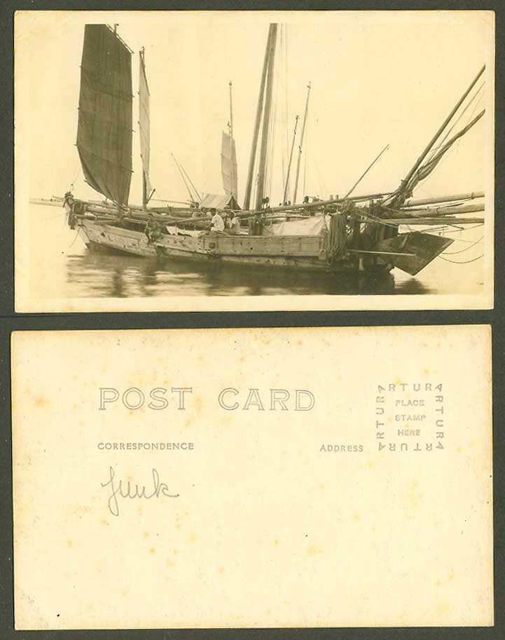 China Old Real Photo Postcard Chinese Junk, Native Sailing Boat, Chinaman Ethnic