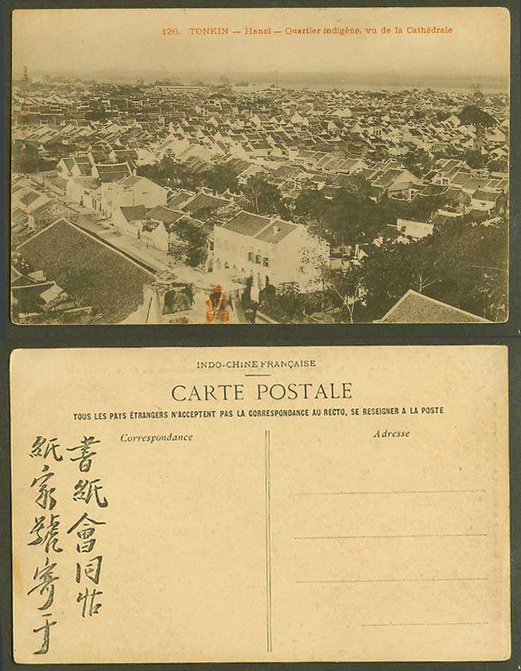 Indo-China Old Postcard Tonkin Hanoi Indigenous Quarter from Cathedral, Panorama